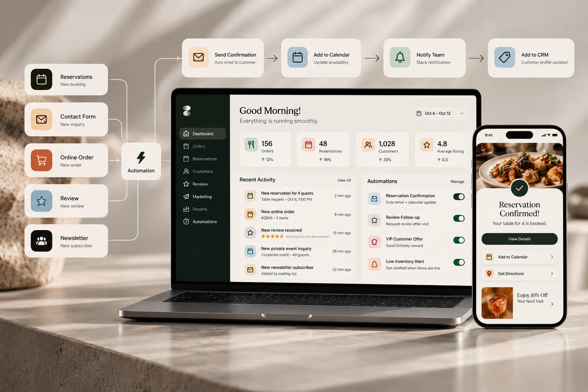 Restaurant automation workflow connecting reservations, orders, and reviews to a management dashboard and a mobile confirmation screen