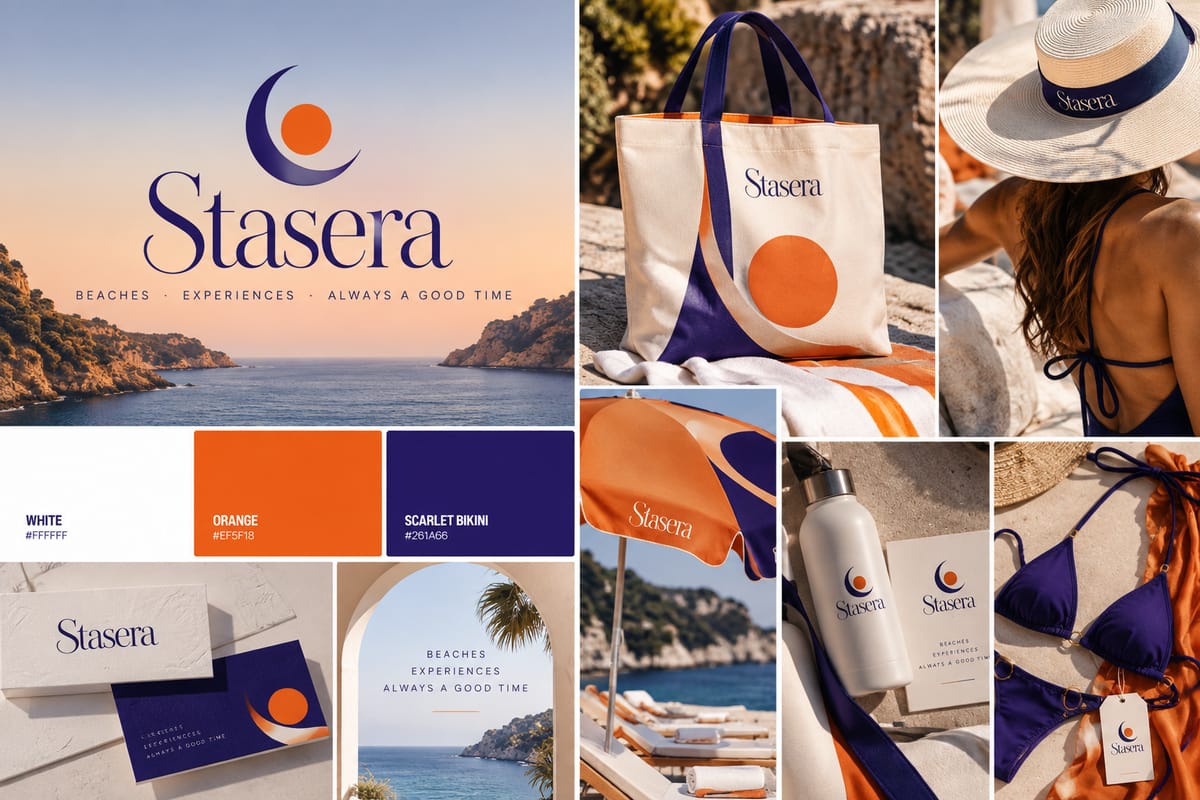 Stasera brand identity moodboard with logo, color palette, and branded beach merchandise