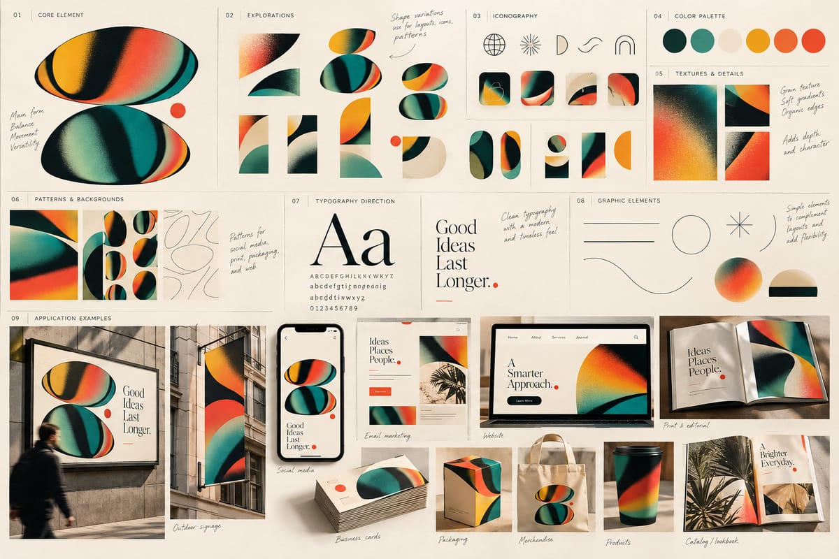 Brand system board showing a core visual element, color palette, typography, and applications across signage, packaging, print, and digital