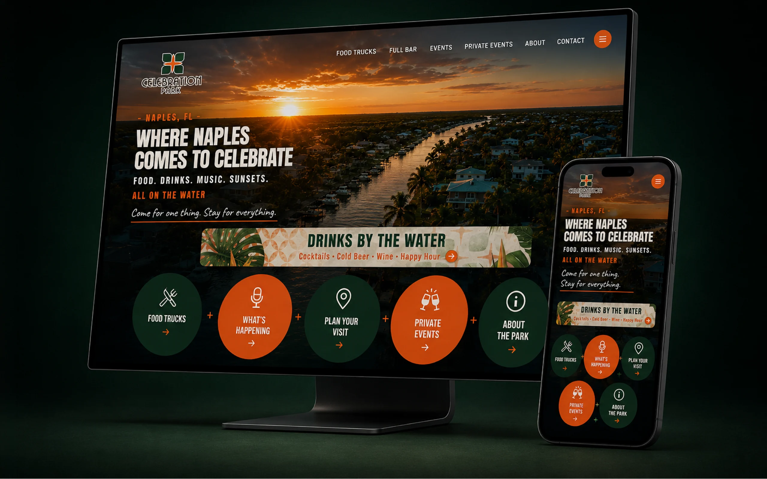 Celebration Park website on a desktop monitor and phone, showing the Naples waterfront homepage.